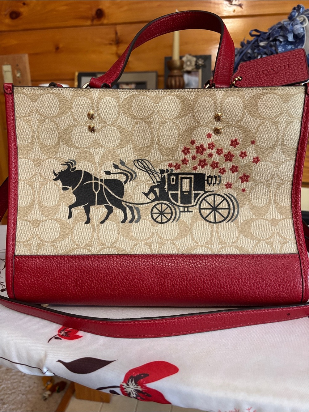 Coach Beige Signature Canvas Tote with Red Leather Trim